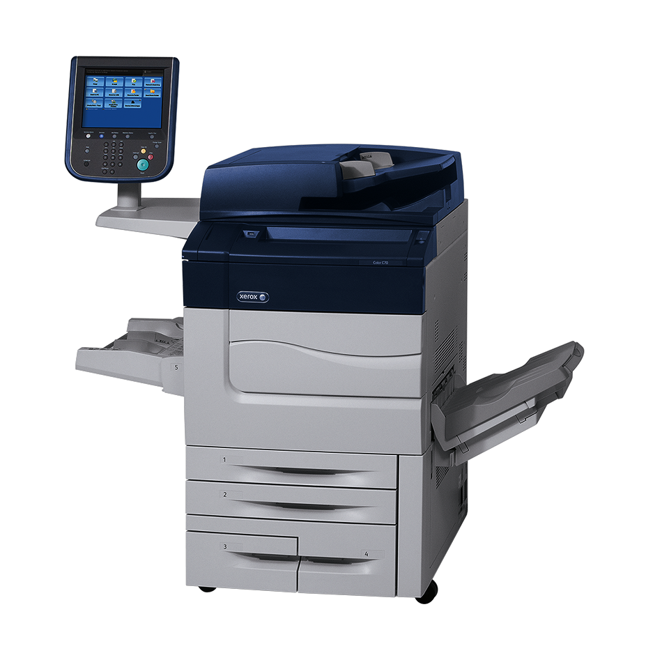 Colour production printer with touchscreen and finisher