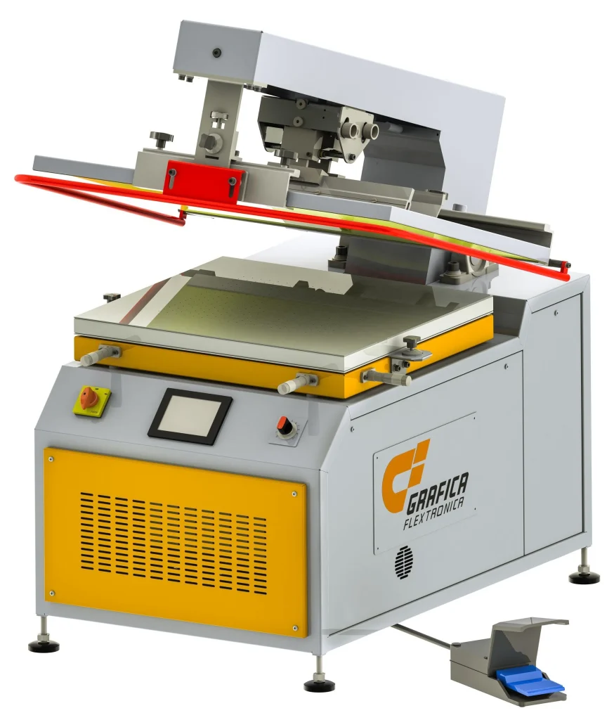 Flatbed screen printing machine with touchscreen